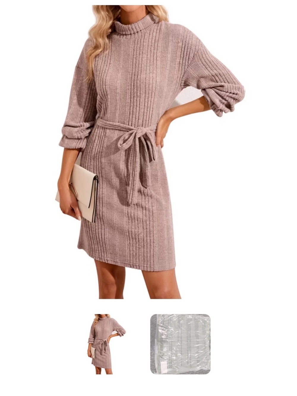 Ribbed Mock-Neck Long Sleeve Sweater Dress with Tie Belt in Mauve